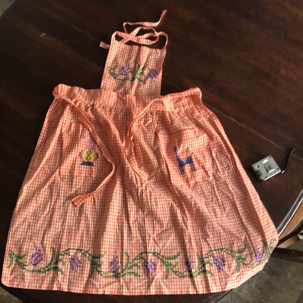 Homemade preteen size orange gingham embroidered apron/ llama/pockets